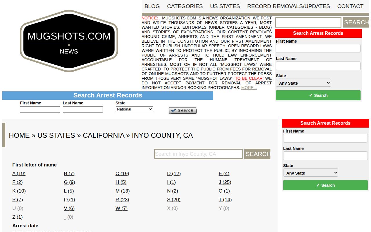Unofficial historic Mugshots.com Inyo County arrest archive