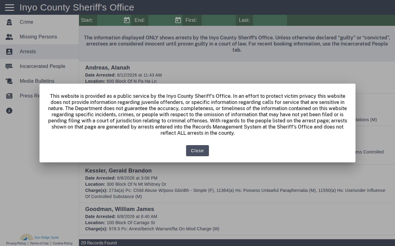 Inyo County sheriff arrest record date search