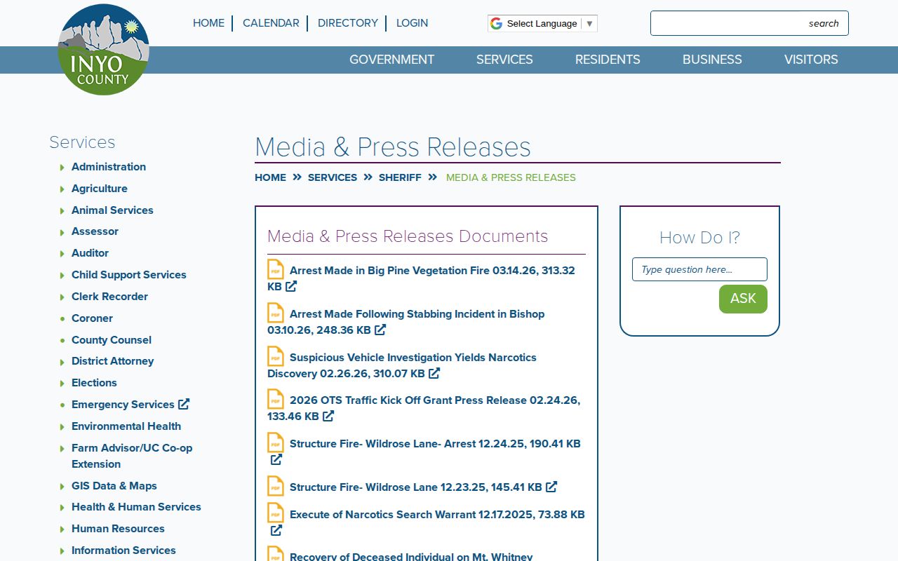 Inyo County Sheriff selective wanted and arrest release archive